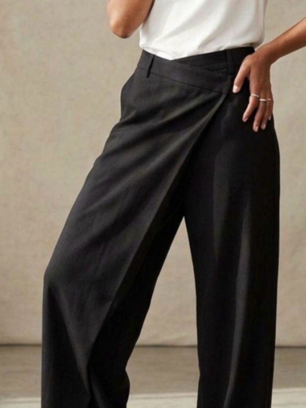 High-Rise Black Wide-Leg Wrap Front Pants